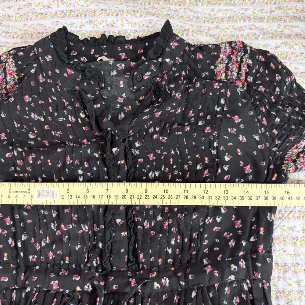 Free People Rare Feelings Dress XS Black Gauze Floral Tiered Smocked Ruffle Midi - Picture 8 of 9